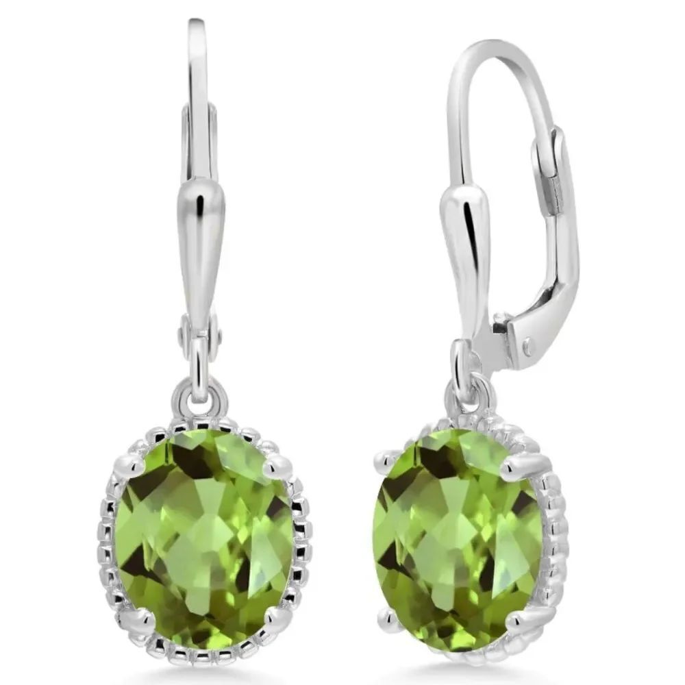 925 Sterling Silver with 4.20 Cttw Peridot Oval Leverback Hook Earrings